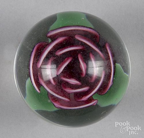 Jack Choko, Millville, New Jersey, pink crimp rose footed paperweight, signed, 2 1/2'' dia.