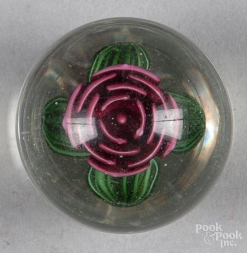 Charles Kaziun Jr., red crimp rose footed paperweight, with signature cane, 1 7/8'' dia.