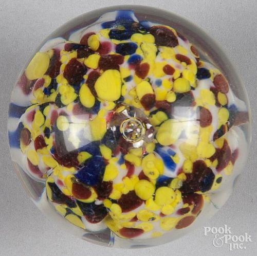 Millville, New Jersey mushroom footed paperweight, with white mushroom spattered with multiple color