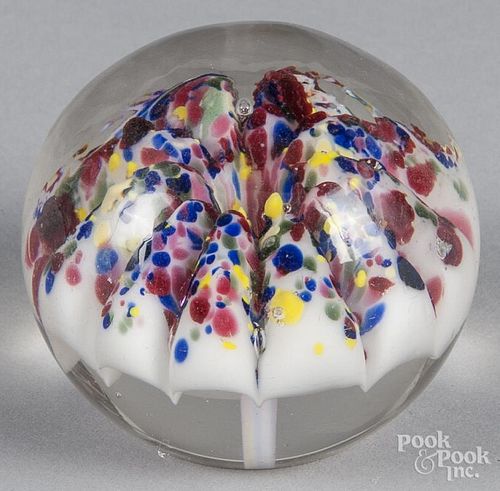Millville, New Jersey mushroom paperweight, with white mushroom spattered with multiple colors, 3 3/