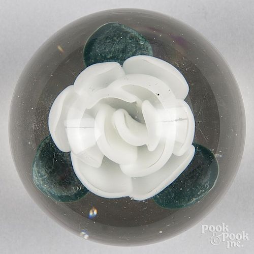 Attractive Millville, New Jersey white crimp rose footed paperweight, attributed to John Rhulander,