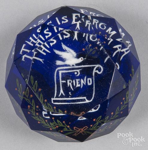 Millville, New Jersey faceted frit paperweight, with a dove and scroll, inscribed This Is From A Fr