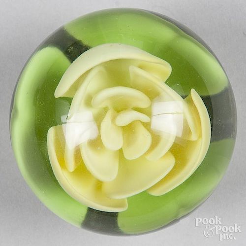 Millville style yellow crimp rose footed paperweight, with apple green leaves, 3 1/2'' dia.