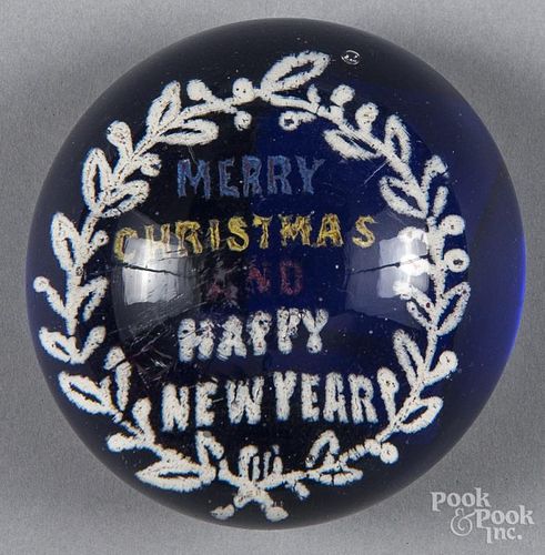 Millville, New Jersey frit paperweight, inscribed Merry Christmas and Happy New Year on a transluc
