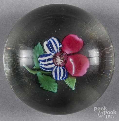 Sandwich Glass Company weed flower paperweight, with green leaves and stem, 3'' dia.