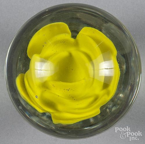 Yellow crimp rose footed paperweight, with no leaves, 3 1/8'' dia.