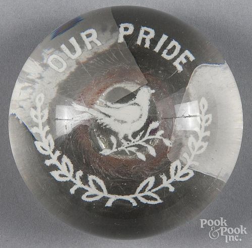 White Our Pride frit paperweight, with dove and garland, 3 1/2'' dia.