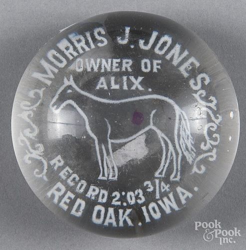 White frit paperweight commemorating Alix, a racehorse belonging to Morris J. Jones of Red Oak, Io