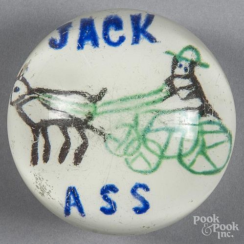 Colored frit paperweight, with a donkey and cart, inscribed Jack Ass on a white ground, 3 3/8'' dia