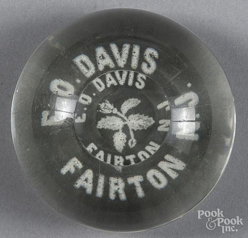 White frit paperweight, inscribed E. O. Davis and Fairton N. J. around a thistle, with top facet