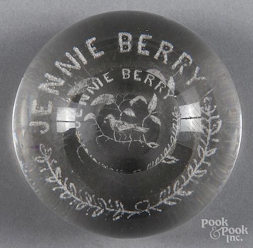 White frit name paperweight, with a bird on a branch, inscribed Jennie Berry, with top facet, 3 1/