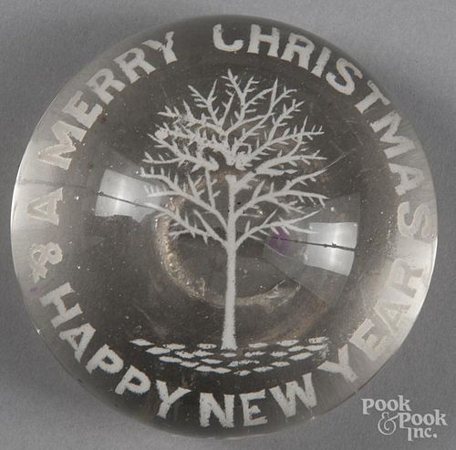 White frit A Merry Christmas & Happy New Year paperweight, with a tree, 3 1/4'' dia.