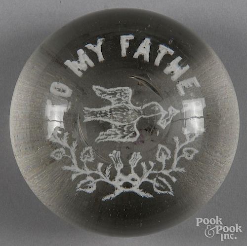 White frit paperweight, with a dove, inscribed To My Father, 3 1/2'' dia.