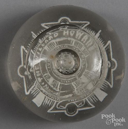 White frit commemorative military paperweight, inscribed The Willard Howard Medal Fourth Infantry,