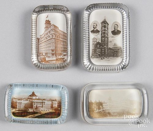 Four rectangular souvenir paperweights, with photographs of Rochester, NY, the Hotel Weirs, NH, Powe