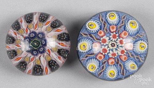 Two Strathern spoked millefiori paperweights, 3 1/8'' dia. and 2 7/8'' dia.