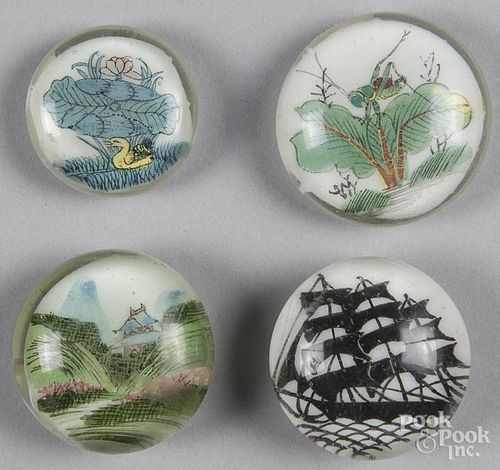Four Chinese white plaque painted paperweights, with various scenes including a grasshopper, duck, a