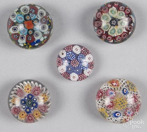 Five small Bohemian millefiori paperweights, largest - 2 1/8'' dia.