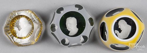 Three Baccarat sulfide portrait paperweights, to include a yellow and white double overlay of Pope J
