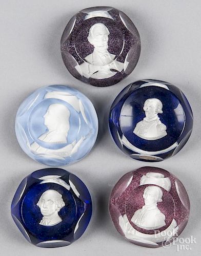 Five Baccarat historical figure sulfide paperweights, to include Lafayette, Washington, Franklin, an