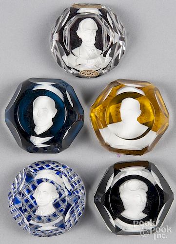 Five Baccarat limited edition sulfide portrait paperweights, faceted, to include Eleanor Roosevelt,