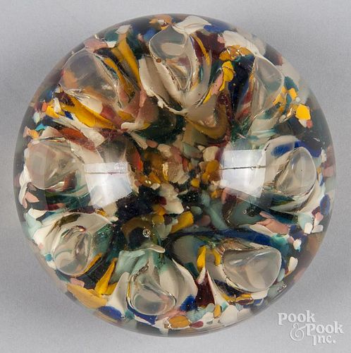Large multicolor glass doorstop, with a ring of bubble flowers on a bed of multicolor chips, 6 1/2''