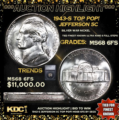 ***Auction Highlight*** 1943-s Jefferson Nickel TOP POP! 5c Graded ms68 6fs BY SEGS (fc)