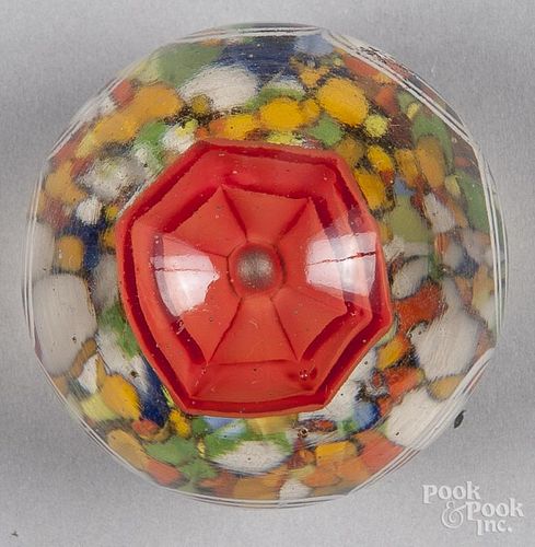 Attractive upright red flower paperweight, ca. 1920, likely Czechoslovakian, with a multicolor chip