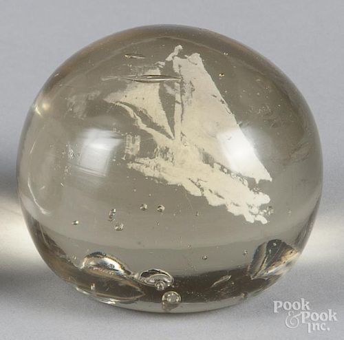 Southern New Jersey white frit paperweight, with an upright sailboat, 3 1/4'' dia.
