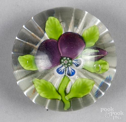Baccarat early pansy paperweight, with flowers and bud, star-cut base, 2 1/2'' dia.