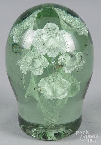English bottle green paperweight with flowers in a pot, 6'' h.