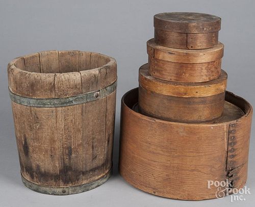 Four primitive band boxes, 19th c., together with two dry measures, tallest, 10 1/4''.