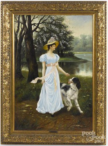 Oil on canvas of a young woman with a dog, late 19th c., signed C Bertrand, 27'' x 18 1/2''.