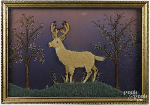Feltwork picture of a stag in landscape, early 20th c., 20'' x 30''.