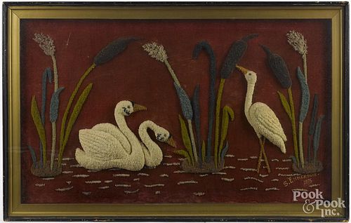 Large feltwork picture of swans, signed S. Emmerson 1875, 20'' x 34''.