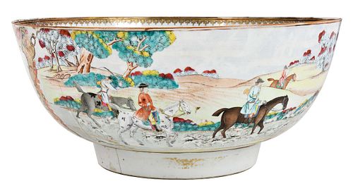 Chinese Export Famille Rose Armorial Hunt Punch Bowl