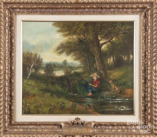 Primitive oil on canvas, 20th c., of a boy fishing, signed E. Hanfrey, 25'' x 30''.