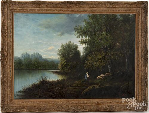 Oil on canvas river landscape with figures, early 20th c., initialed M.G., 26'' x 37''.