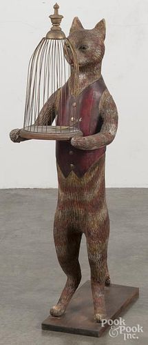 Contemporary carved and painted figural cat birdcage, 39'' h.
