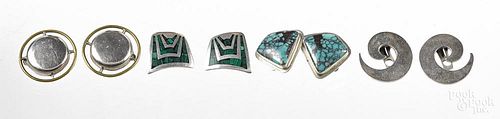 Five pairs of sterling silver clip earrings, to include two with turquoise, together with four sterl
