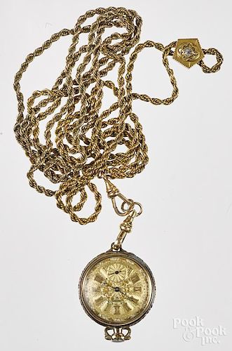 Longines ladies pocket watch, with chain with 14K gold clasps, 26'' l., together with a 14K yellow go