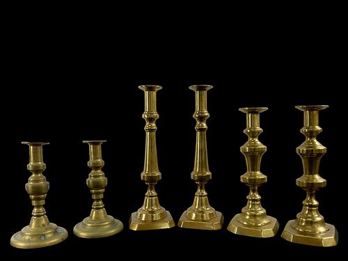 3 Pairs of Antique Brass Candlesticks With Push Up Candle Ejectors