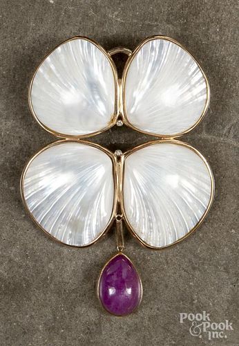 Marguerite Stix four - shell brooch, ca. 1970, 14K yellow gold, with small diamond accents and a rub