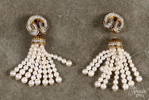 18K yellow gold, diamond and pearl ear clips, each clip with fifty - two diamonds, approx. .02 - .03