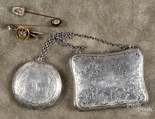 Sterling silver card case and compact, together with a 14K yellow gold golf pin, a micromosaic pin d