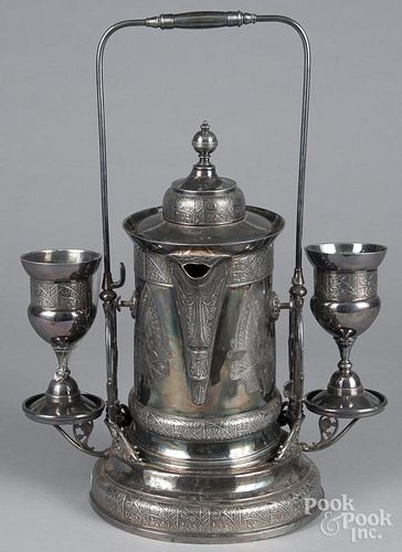 Silver plated kettle and goblet set, 21'' h.
