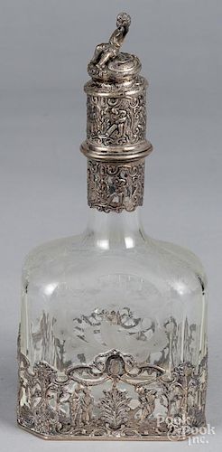 Etched glass decanter with 800 silver mounts by Schallmayer, 10 1/2'' h.