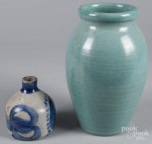 North Carolina blue glaze art pottery vase, 12'' h., together with a stoneware buggy jug with cobalt
