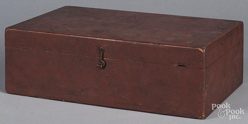Painted pine document box, 19th c., retaining an old red surface, with divided interior tray, 5'' h.,