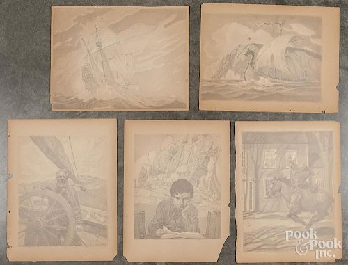 Collection of five pencil illustrations in the manner of N.C. Wyeth, sheet size - 15 7/8'' x 12 1/4''.